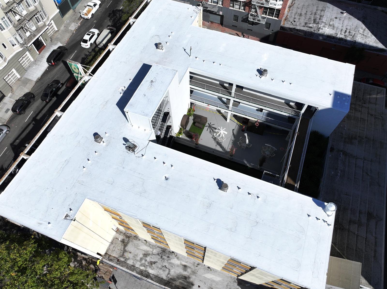 Commercial roofing project aerial view